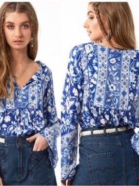 Spell Cobalt Bluebell Blue Floral Lolita Peasant Blouse Romantic Festival